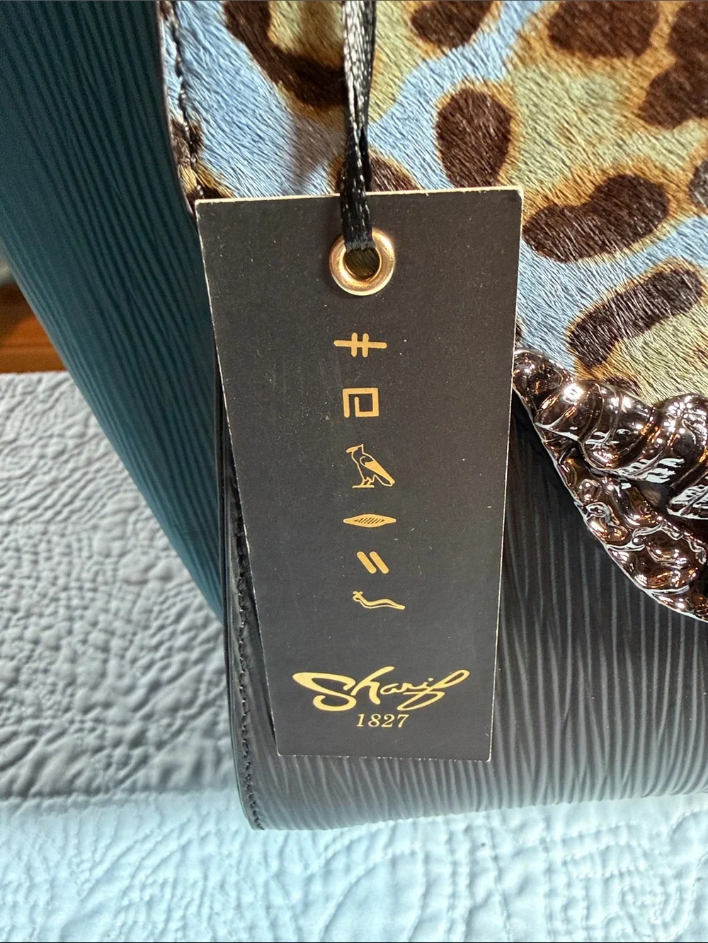 Sharif Blue and Leopard-Calf Hair Print Top-Handle Satchel - Picture 6 of 15